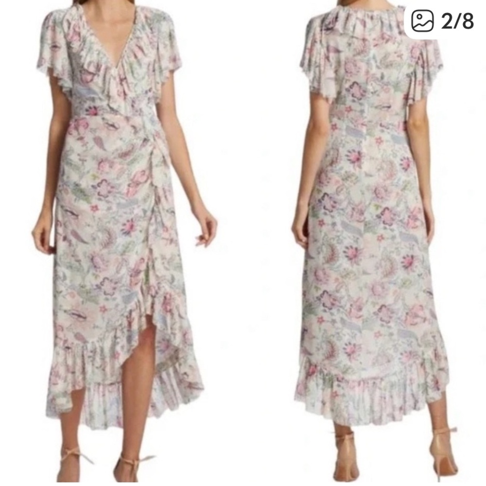 CINQ À SEPT Sheilla Floral Ruffle Midi Dress Size 8 Plunging V-Neck Flounce